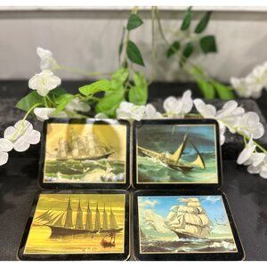 Set Of 4 Vintage Brooks Brothers Cork Back Nautical Ship Art Coasters England